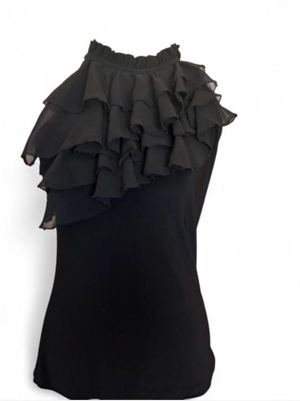 90s / Y2k White House Black Market Black Ruffled with beads Tie Neck Tank Blouse